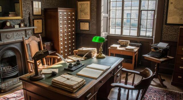 The old fashioned office with a desk and books photo