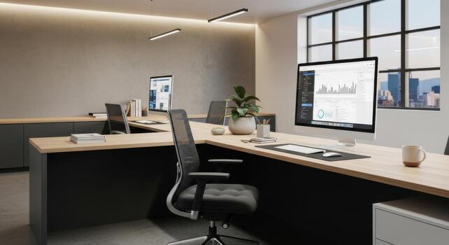 An office with two desks and a computer photo