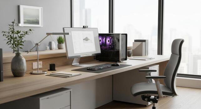 A desk with a computer and a chair in front of a window photo