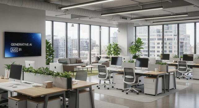 un oficina con escritorios y plantas en frente de un grande ventana foto