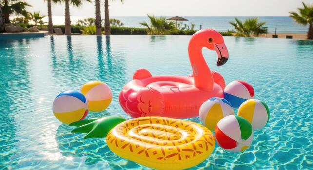 An inflatable flamingo floating in a pool photo