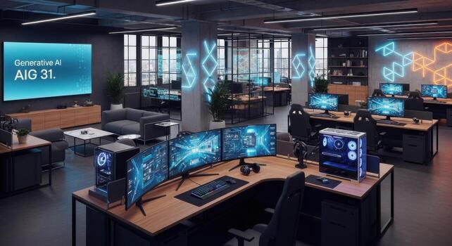 An office with multiple computer monitors and desks photo