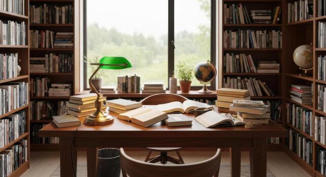 A desk with books and a lamp in front of a window photo