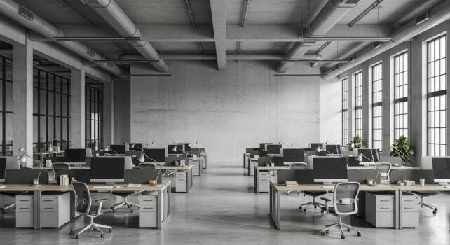 An empty office with desks and computers photo