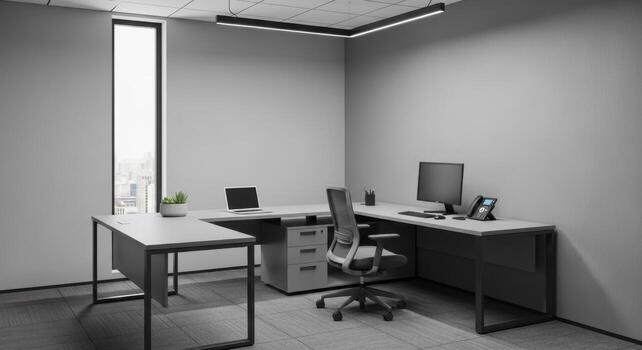 A black and white photo of an office with a desk and computer