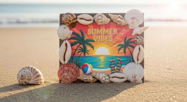 A beach scene with shells and a book on the sand photo