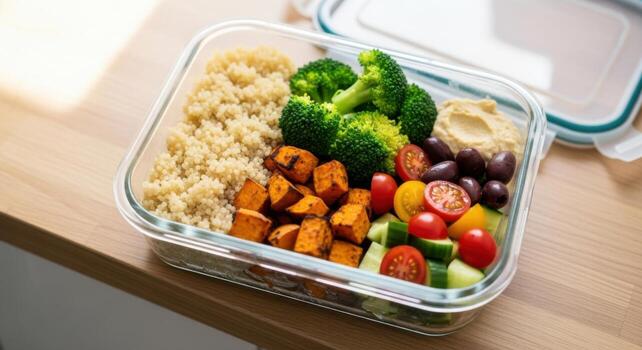 A container filled with vegetables and rice photo
