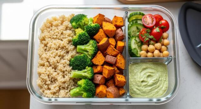 A meal in a plastic container with broccoli, rice, chickpeas and vegetables photo