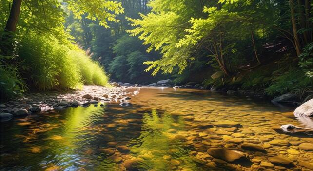 A river running through a forest with trees and rocks photo