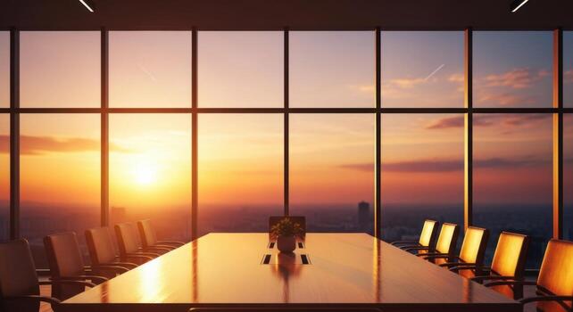A conference table in front of a large window with a sunset view photo