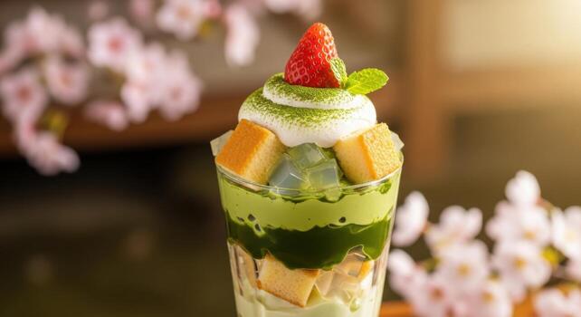 A green drink with a strawberry on top photo