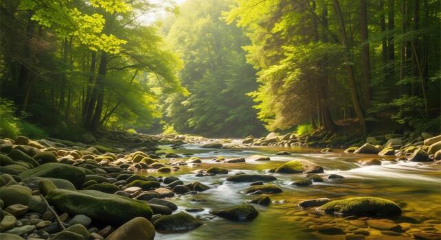 A river running through a forest with rocks and trees photo
