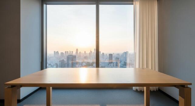 An empty table in front of a window with a city view photo