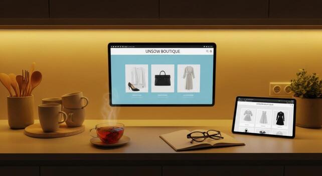 A tablet and laptop sitting on a desk in front of a lamp photo