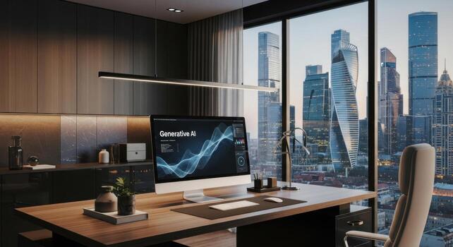 A desk with a computer and a monitor in front of a window photo