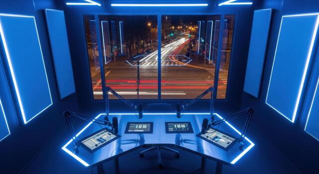 A room with a desk and two computers photo