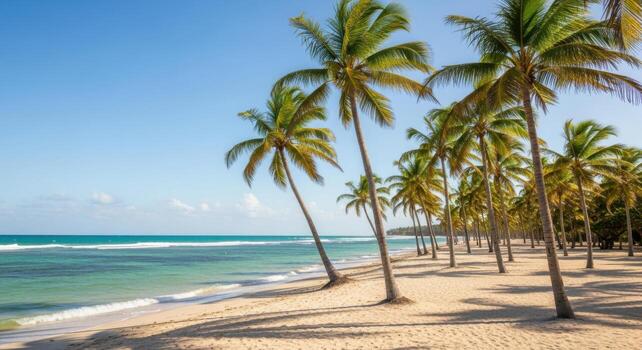 Palm trees line the beach at a tropical resort photo
