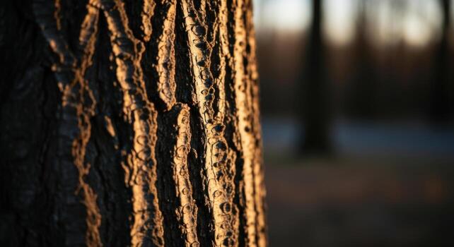 A close up of a tree trunk with the sun shining photo