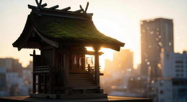 A small japanese pagoda with grass on top photo