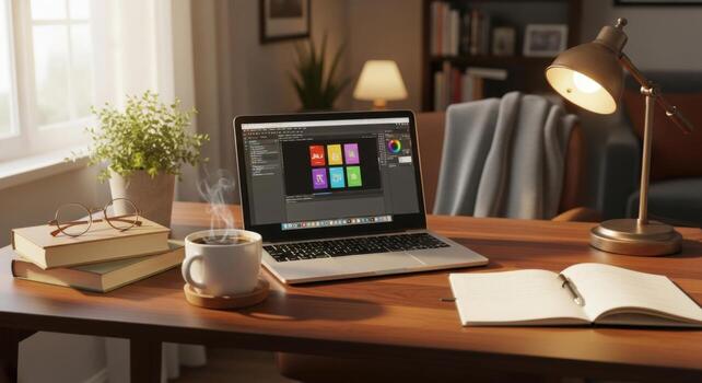 A laptop is sitting on a wooden desk with a lamp and books photo