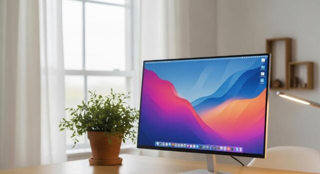 A computer monitor sitting on a desk in front of a window photo