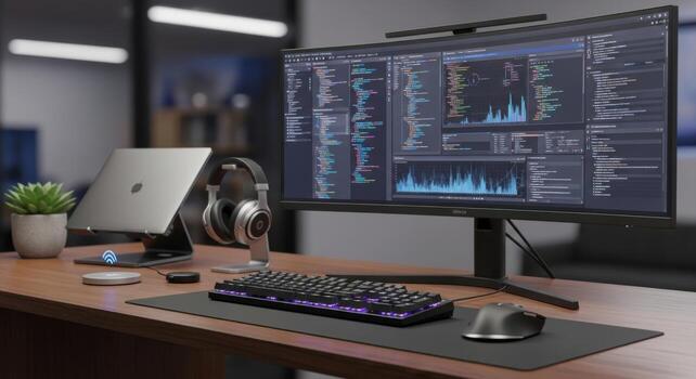 A computer monitor sitting on a desk with a keyboard and mouse photo