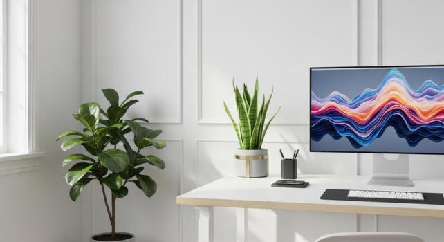 A computer screen on a desk in front of a white wall photo