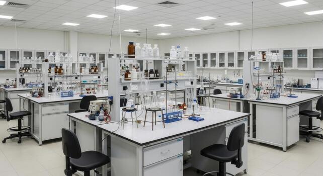 A laboratory with many tables and chairs photo