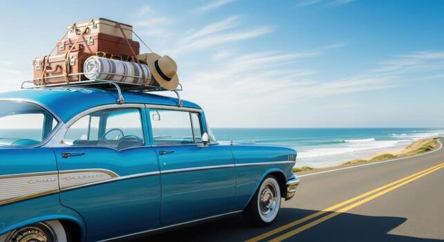 Retro car with luggage on top of the car on the road with the ocean in the background photo