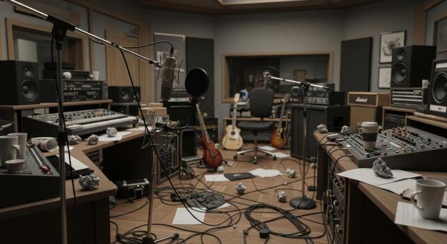 A recording studio with a guitar, microphone and other equipment photo