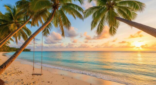 Tropical beach with palm trees and swing at sunset photo
