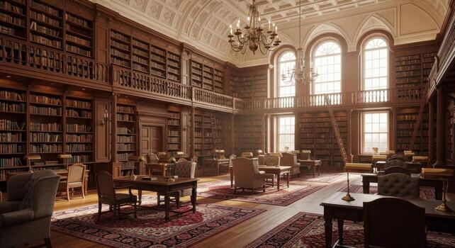 A library with lots of books and chairs photo
