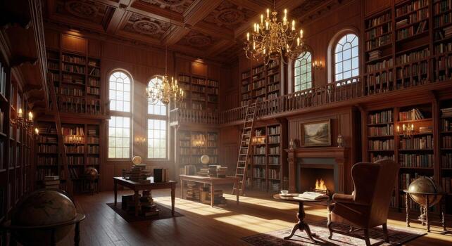 A library with a fireplace and lots of books photo