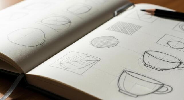 un cuaderno con bocetos de varios objetos foto