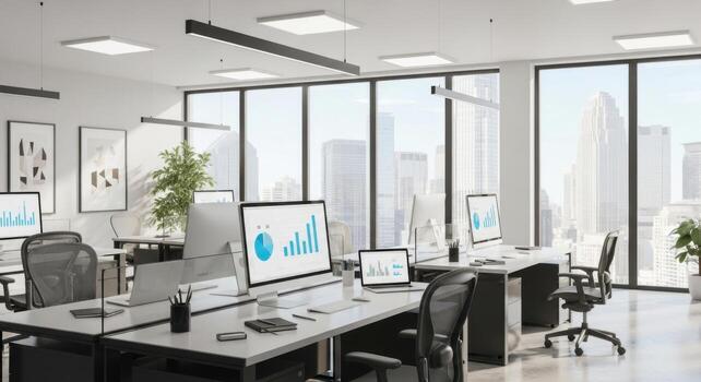 An office with a large window and a computer screen photo