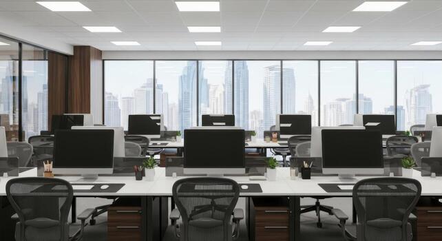 An office with desks and computers in front of a cityscape photo