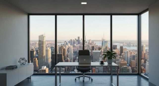A large office with a view of the city photo