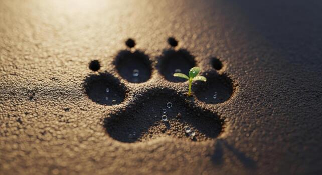 A plant sprouting from a paw print on the ground photo
