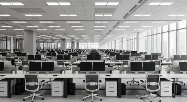 An empty office with rows of desks and computers photo