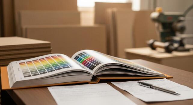 A book with color swatches and a pen on a table photo