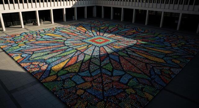 A large mosaic floor in a courtyard with a sun shining on it photo