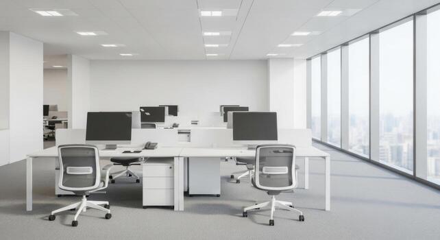 An empty office with white desks and chairs photo