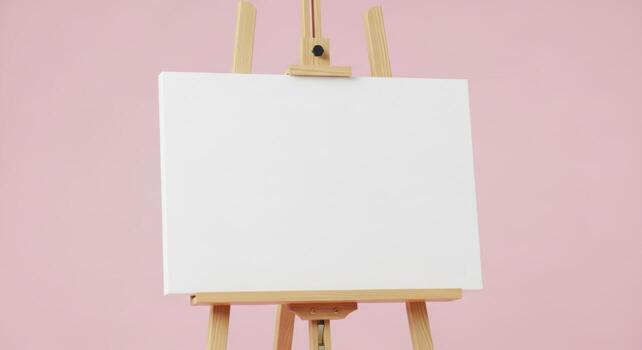 An easel with a blank canvas on a pink background photo