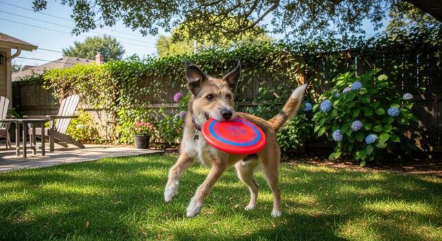 A dog is playing with a frisbee in the yard photo
