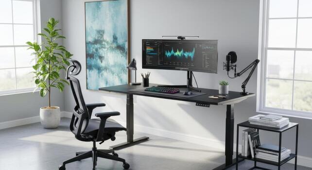 A desk with a computer and monitor in front of a window photo