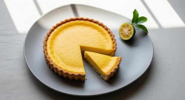 A lemon tart on a plate with a slice missing photo