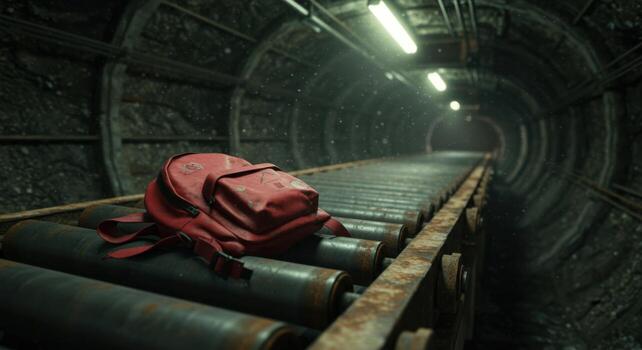 A red backpack sits on top of a conveyor belt photo