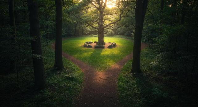 A path that leads to a tree in the middle of a forest photo