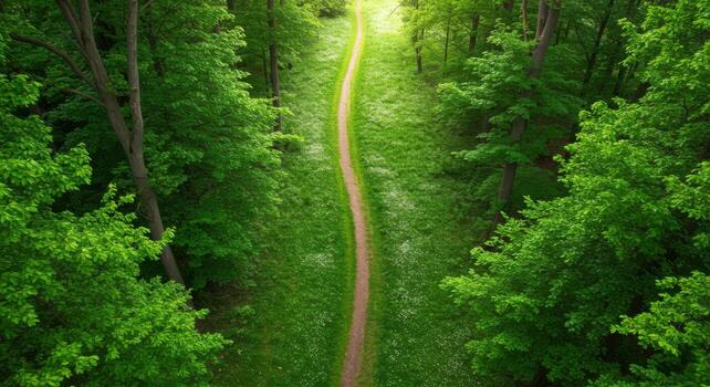 An aerial view of a path through a green forest photo