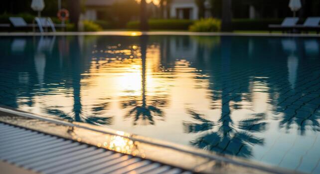 Golden hour reflections of palm trees shimmering on a calm swimming pool surface photo